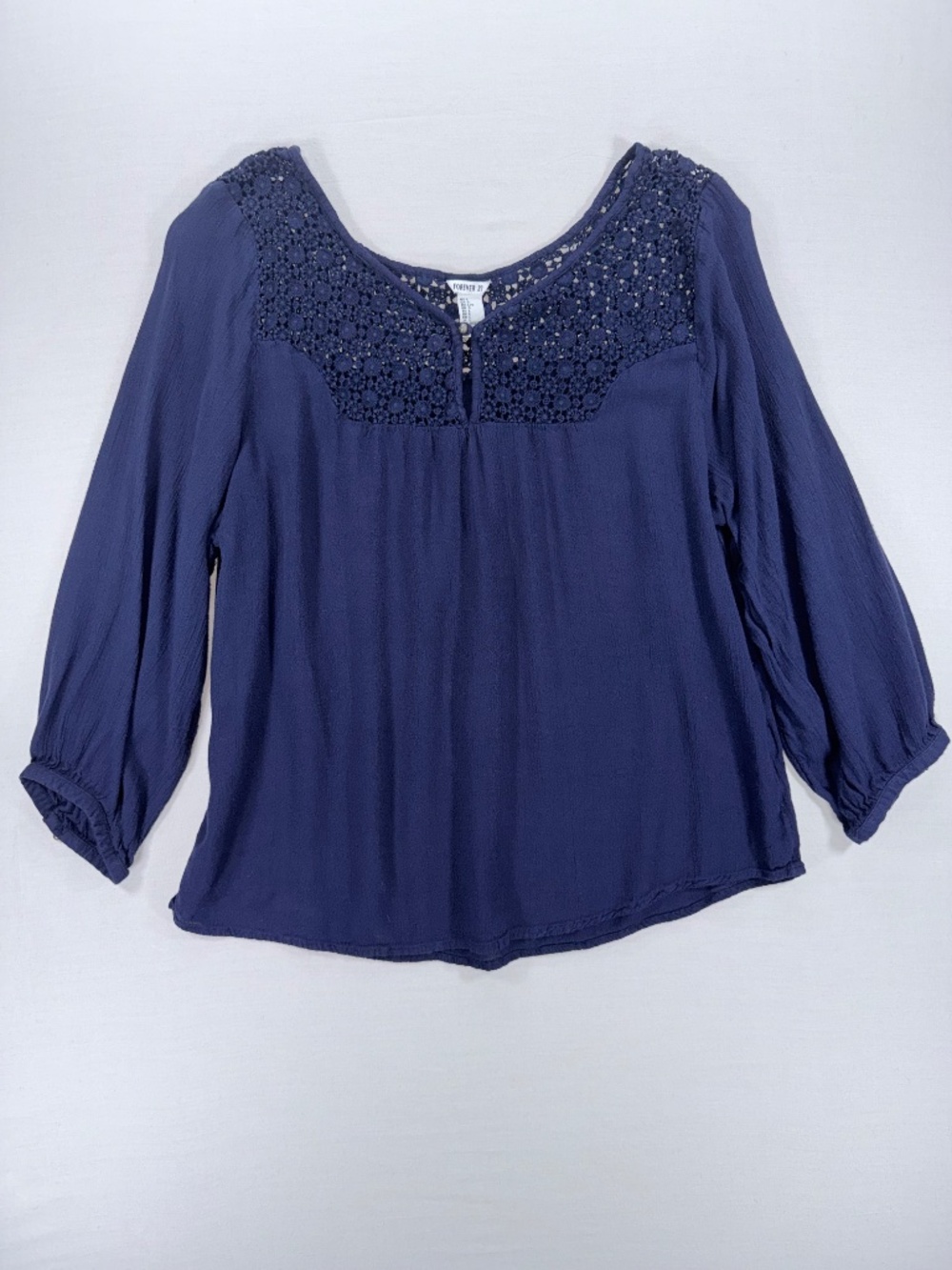 Forever 21 Navy Blue Boho Crochet Lace Yoke Blouse - Size Large - Picture 2 of 5